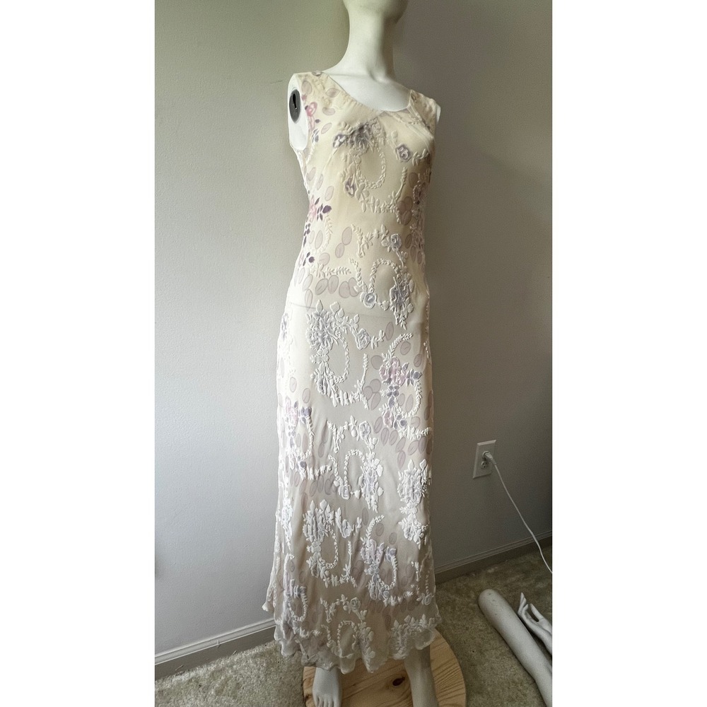 Vintage Simply Silk Floral Burnout Maxi Dress Y2K Boho Fairycore Ivory 90s S - Picture 2 of 5
